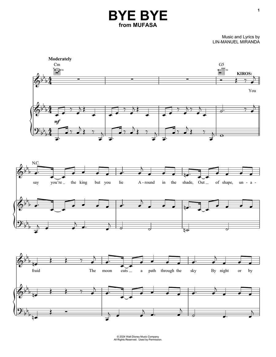 Bye Bye (from Mufasa: The Lion King) Piano, Vocal, Guitar scores gallery preview page 1