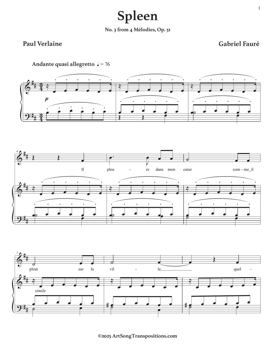 FAURÉ: Spleen, Op. 51 no. 3 (transposed to B minor) Piano, Vocal scores gallery preview page 2