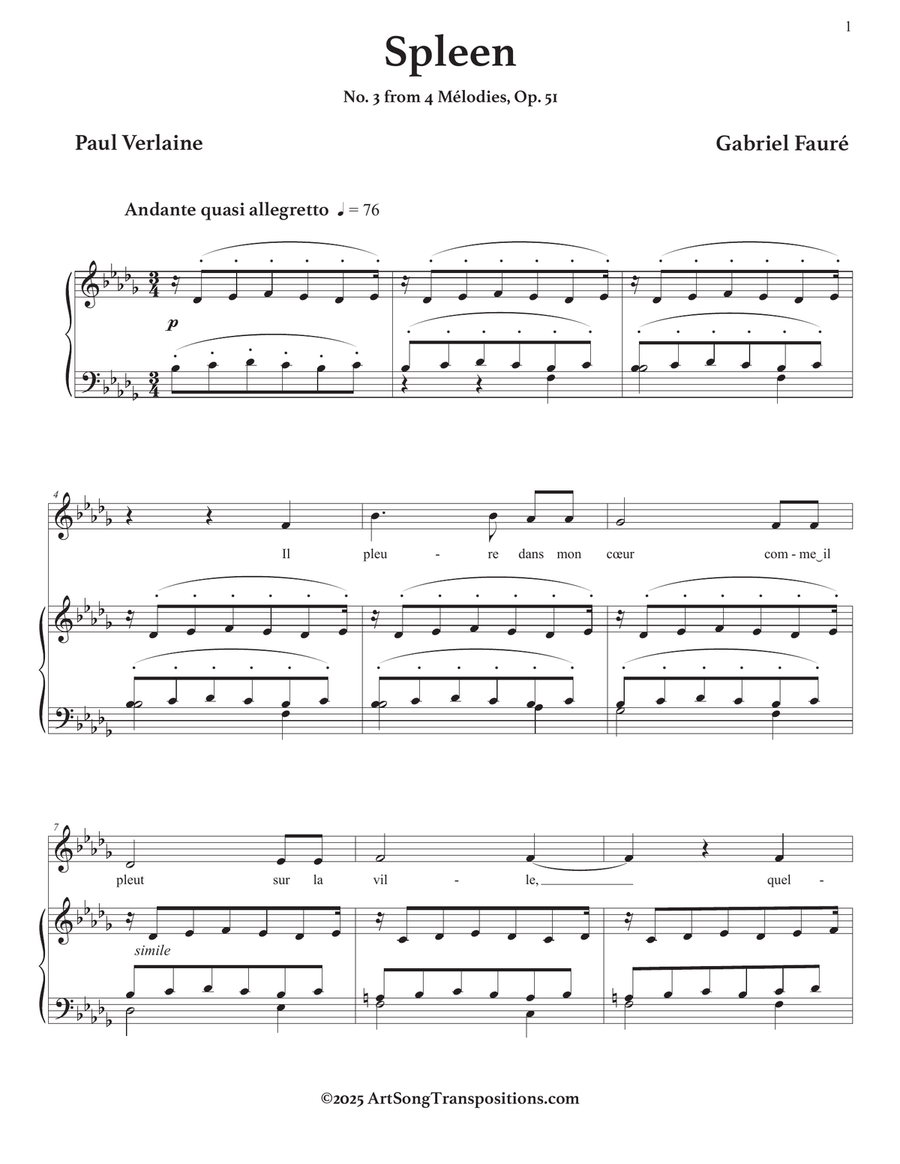 FAURÉ: Spleen, Op. 51 no. 3 (transposed to B-flat minor) Piano, Vocal scores gallery preview page 2
