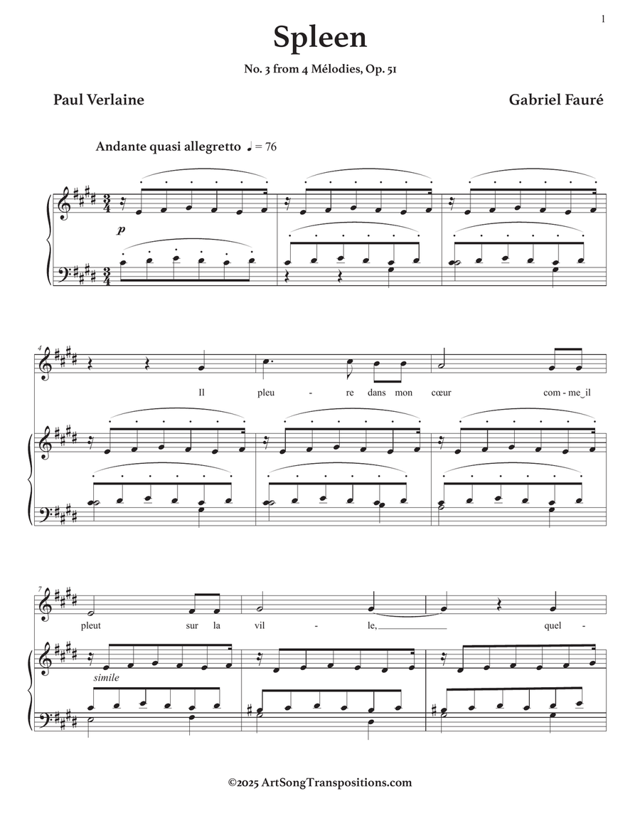 FAURÉ: Spleen, Op. 51 no. 3 (transposed to C-sharp minor) Piano, Vocal scores gallery preview page 2