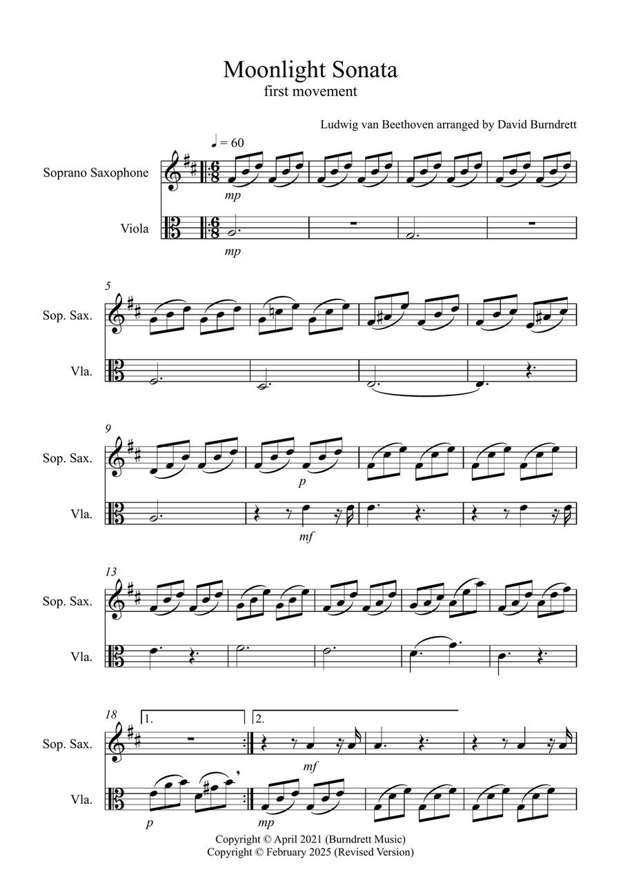 Moonlight Sonata for (1st movement) for Soprano Saxophone and Viola Duet Soprano Saxophone scores gallery preview page 1