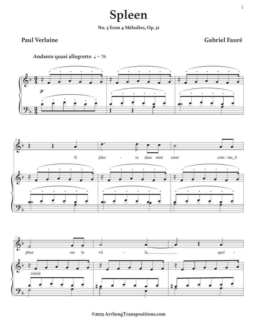 FAURÉ: Spleen, Op. 51 no. 3 (transposed to D minor) Piano, Vocal scores gallery preview page 2