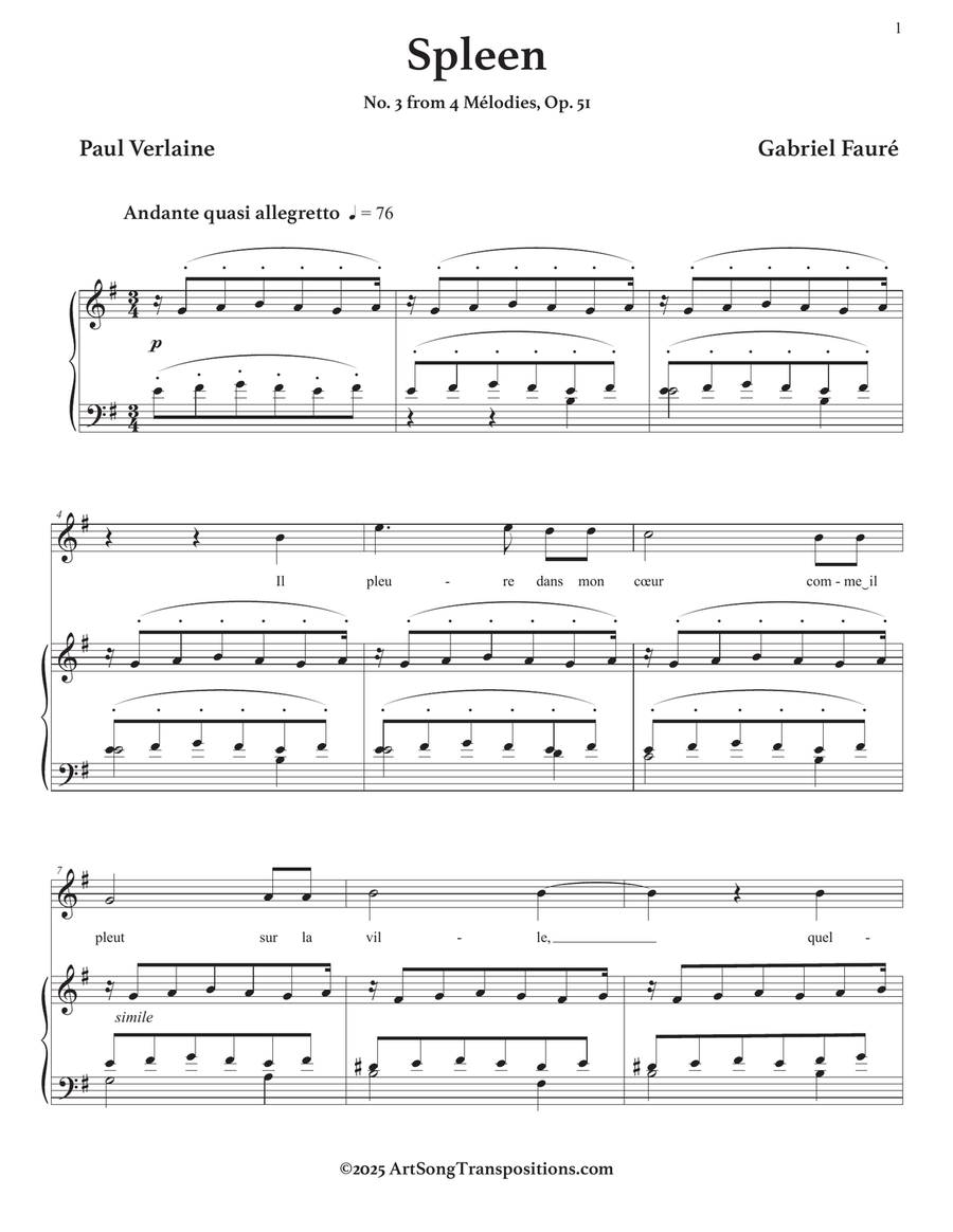 FAURÉ: Spleen, Op. 51 no. 3 (transposed to E minor) Piano, Vocal scores gallery preview page 2