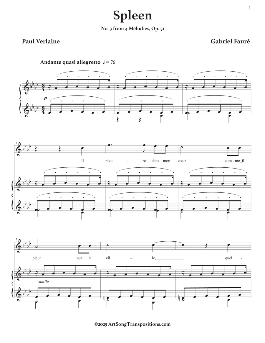 FAURÉ: Spleen, Op. 51 no. 3 (transposed to F minor) Piano, Vocal scores gallery preview page 2