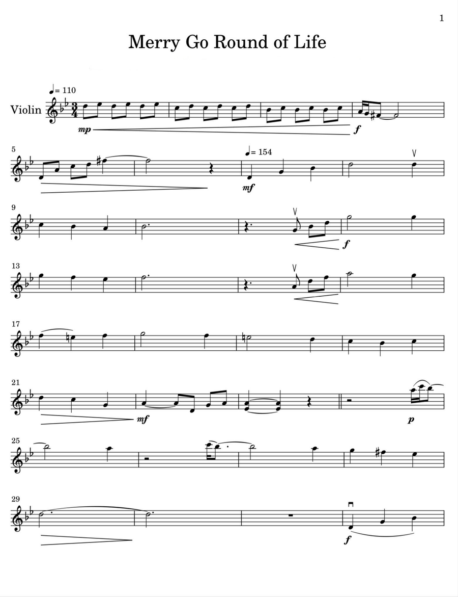Merry-Go-Round Of Life Violin Solo scores gallery preview page 1