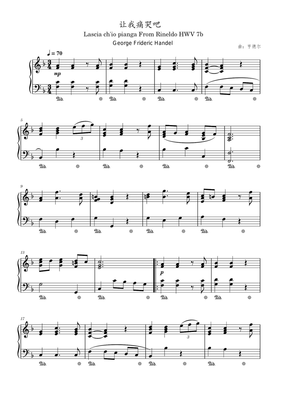Rinaldo Lascia Ch'io Pianga HWV 7B - George Frideric Handel Piano Solo scores gallery preview page 1