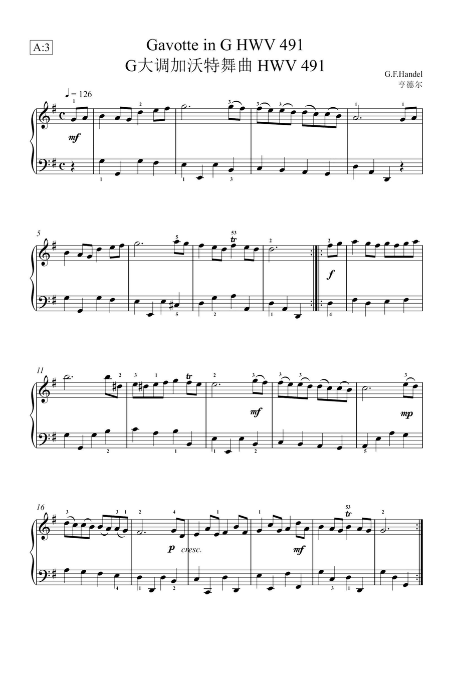 Gavotte in G HWV 491 - George Frideric Handel Piano Solo scores gallery preview page 1