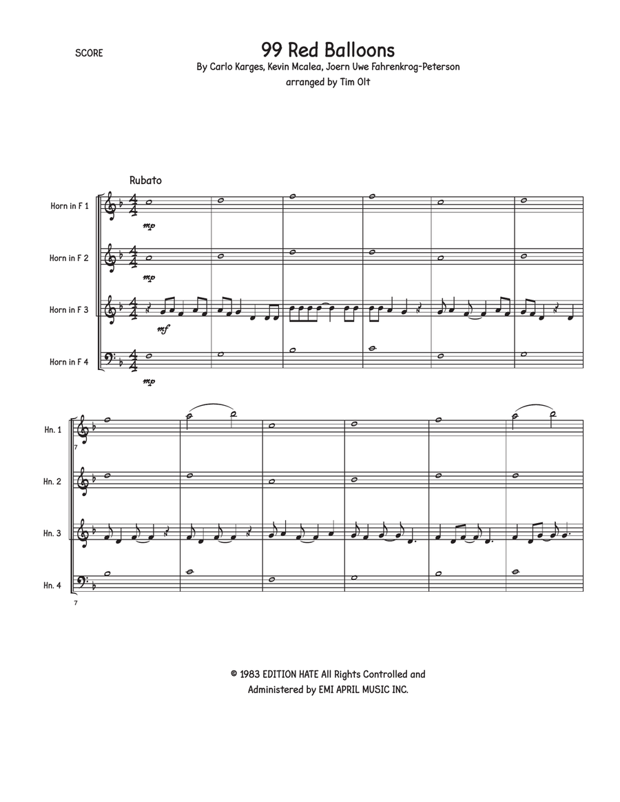 99 Red Balloons (99 Luftballons) Brass Quartet scores gallery preview page 1