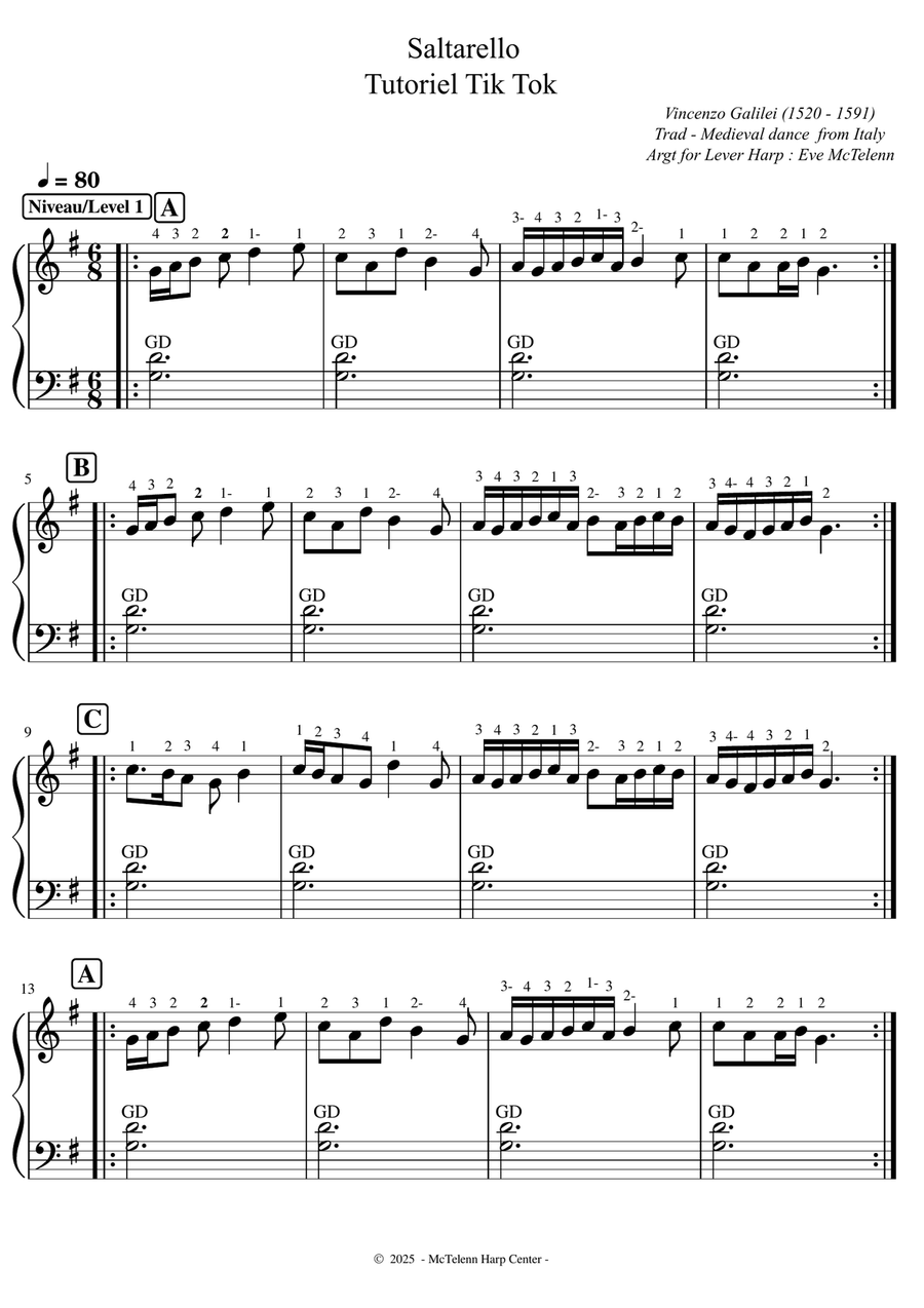 Saltarello - 4 Versions - Beginner & 27/34 String Harp | McTelenn Harp Center Celtic Harp scores gallery preview page 2