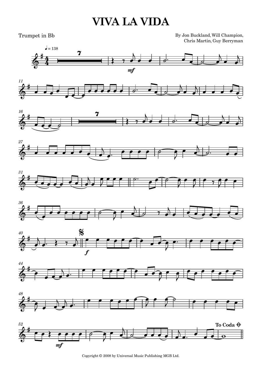 Viva La Vida Viva La Vida B-Flat Trumpet scores gallery preview page 1