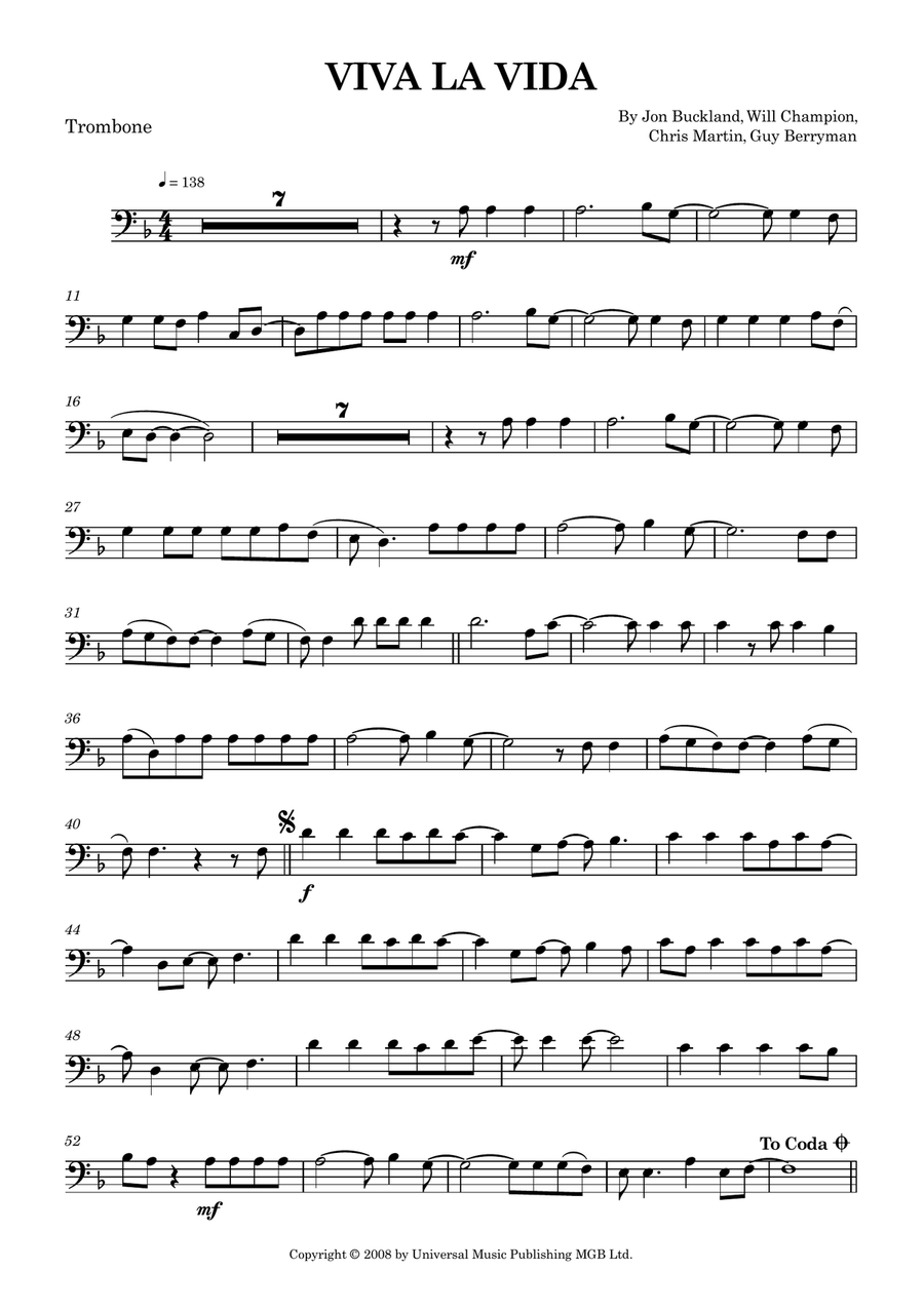 Viva La Vida Viva La Vida Trombone Solo scores gallery preview page 1