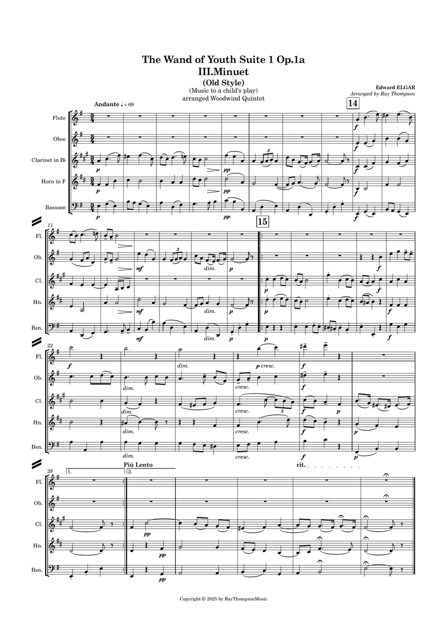 Elgar: The Wand of Youth Suite No.1 Op.1a III.Minuet (Old Style) - wind quintet Woodwind Quintet scores gallery preview page 2