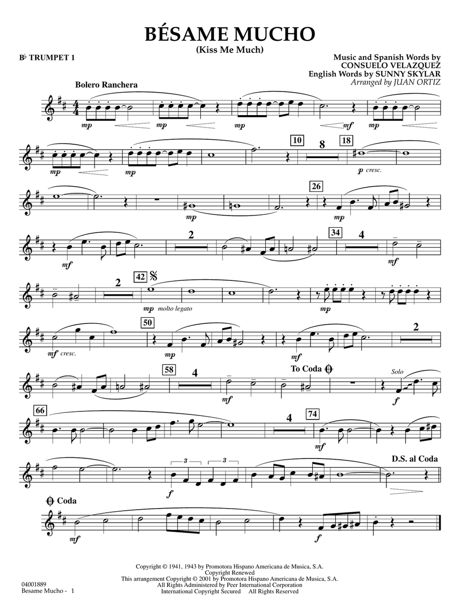 Bésame Mucho (Kiss Me Much) (arr. Juan Ortiz) - Bb Trumpet 1 Concert Band scores gallery preview page 1