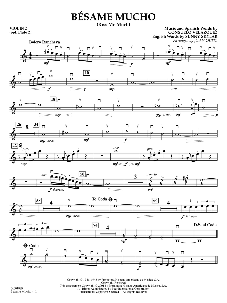 Bésame Mucho (Kiss Me Much) (arr. Juan Ortiz) - Violin 2 Concert Band scores gallery preview page 1