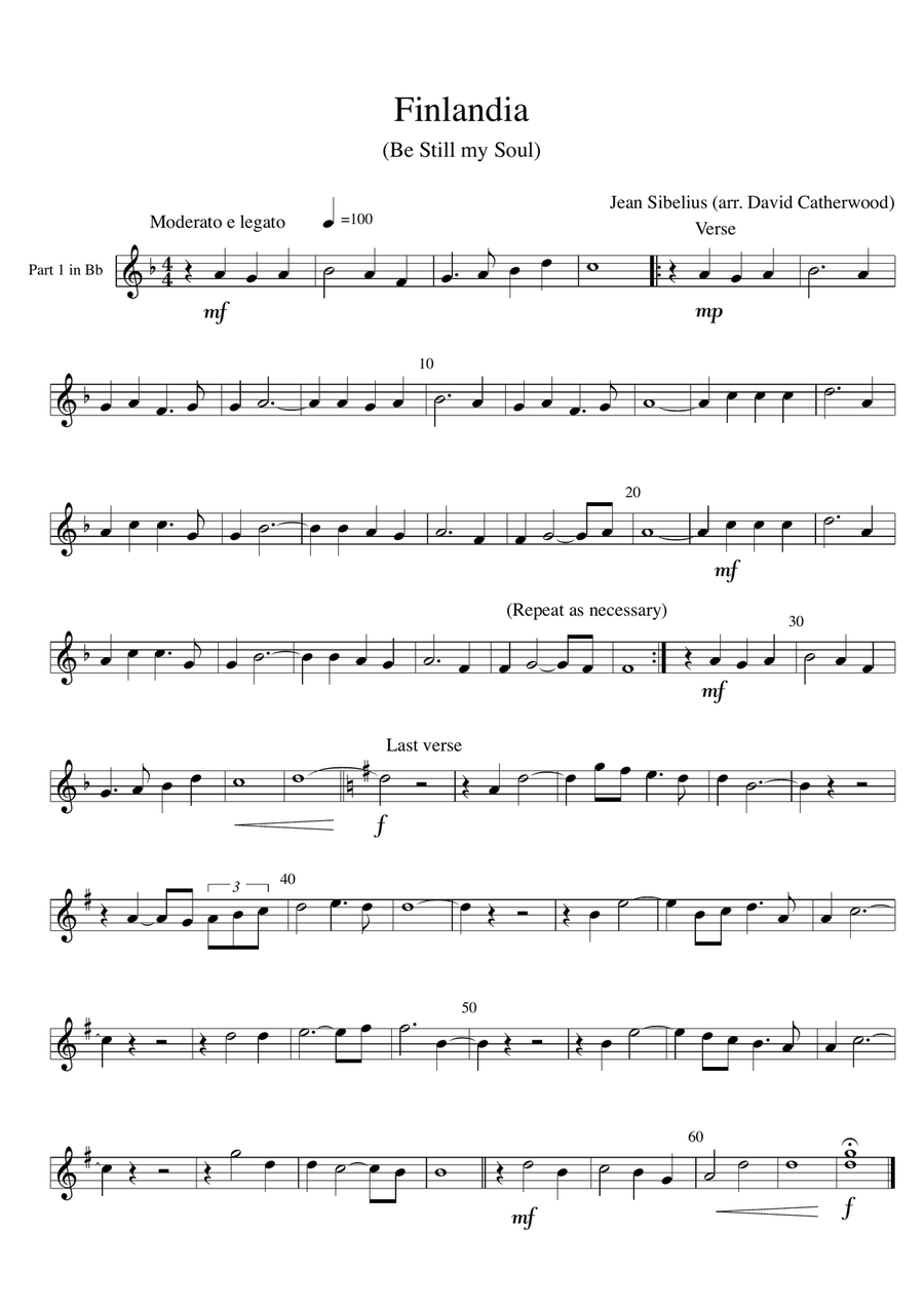 Finlandia - main theme (hymn tune for Be Still my Soul) for brass ensemble arr. David Catherwood Brass Ensemble scores gallery preview page 1