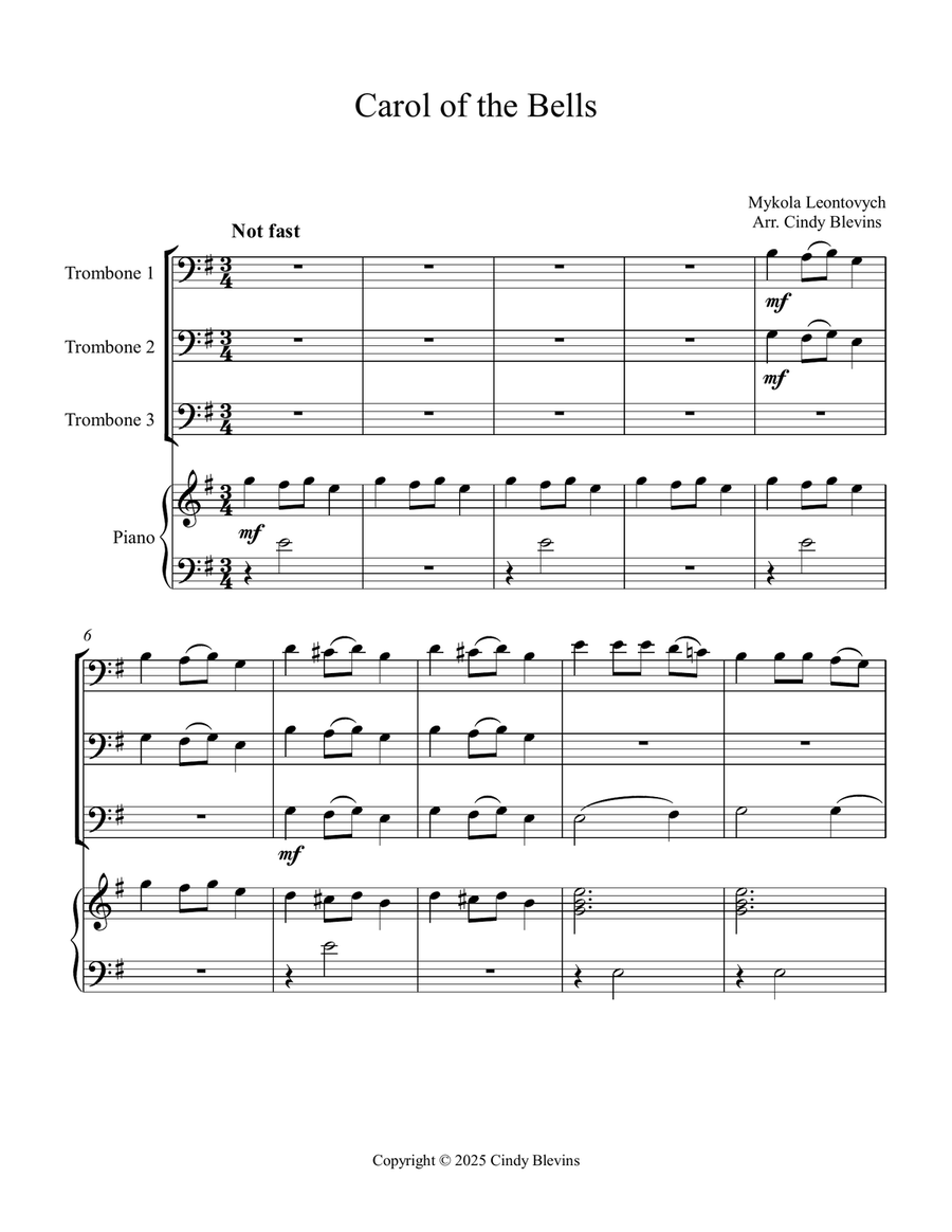 Carol Of the Bells, for Three Trombones and Piano Trombone Trio scores gallery preview page 2