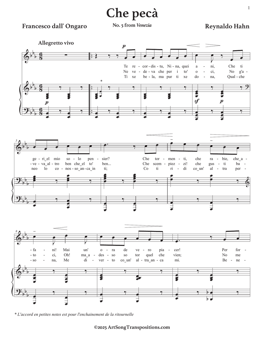 HAHN: Che pecà (transposed to E-flat major) Piano, Vocal scores gallery preview page 2