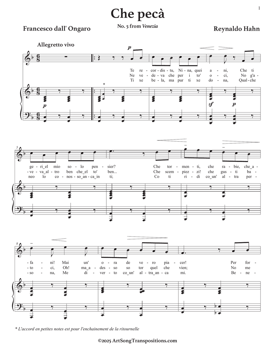 HAHN: Che pecà (transposed to F major) Piano, Vocal scores gallery preview page 2