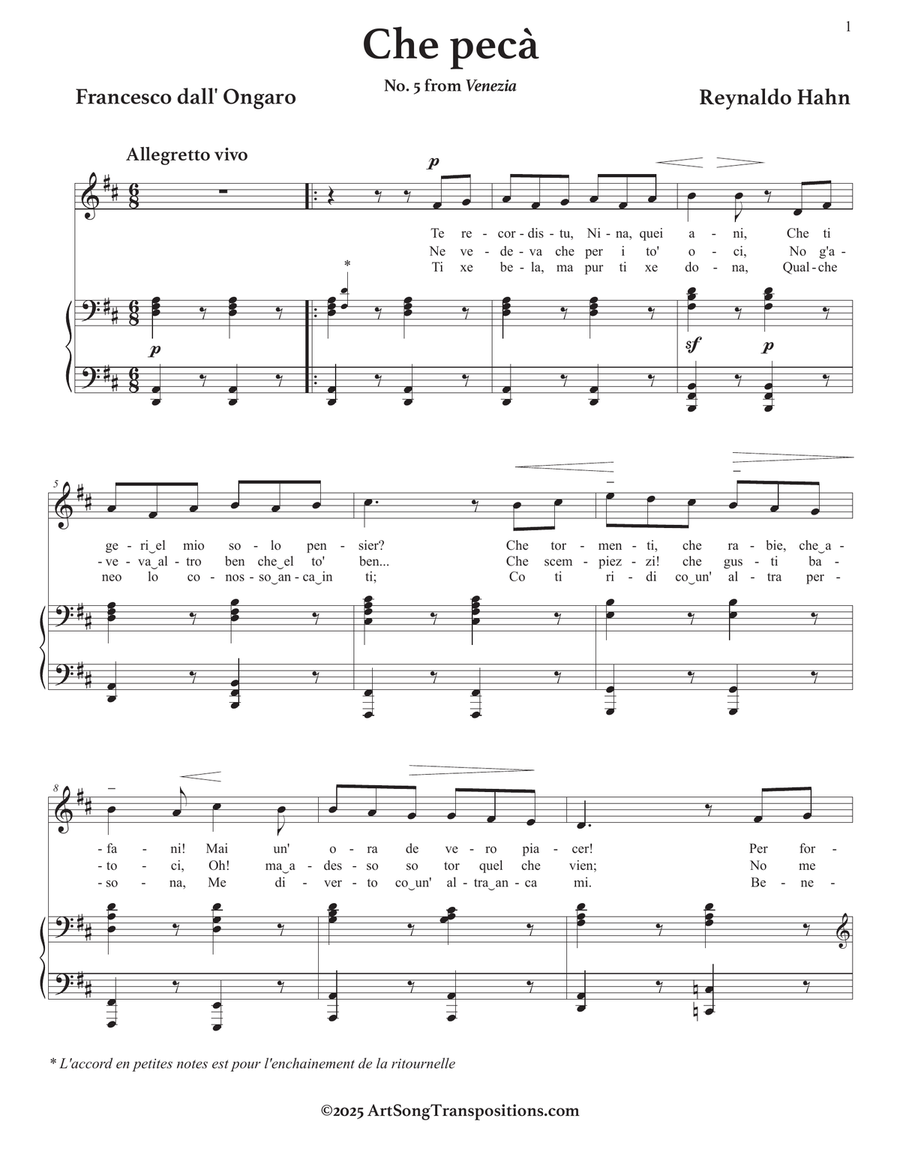 HAHN: Che pecà (transposed to D major) Piano, Vocal scores gallery preview page 2