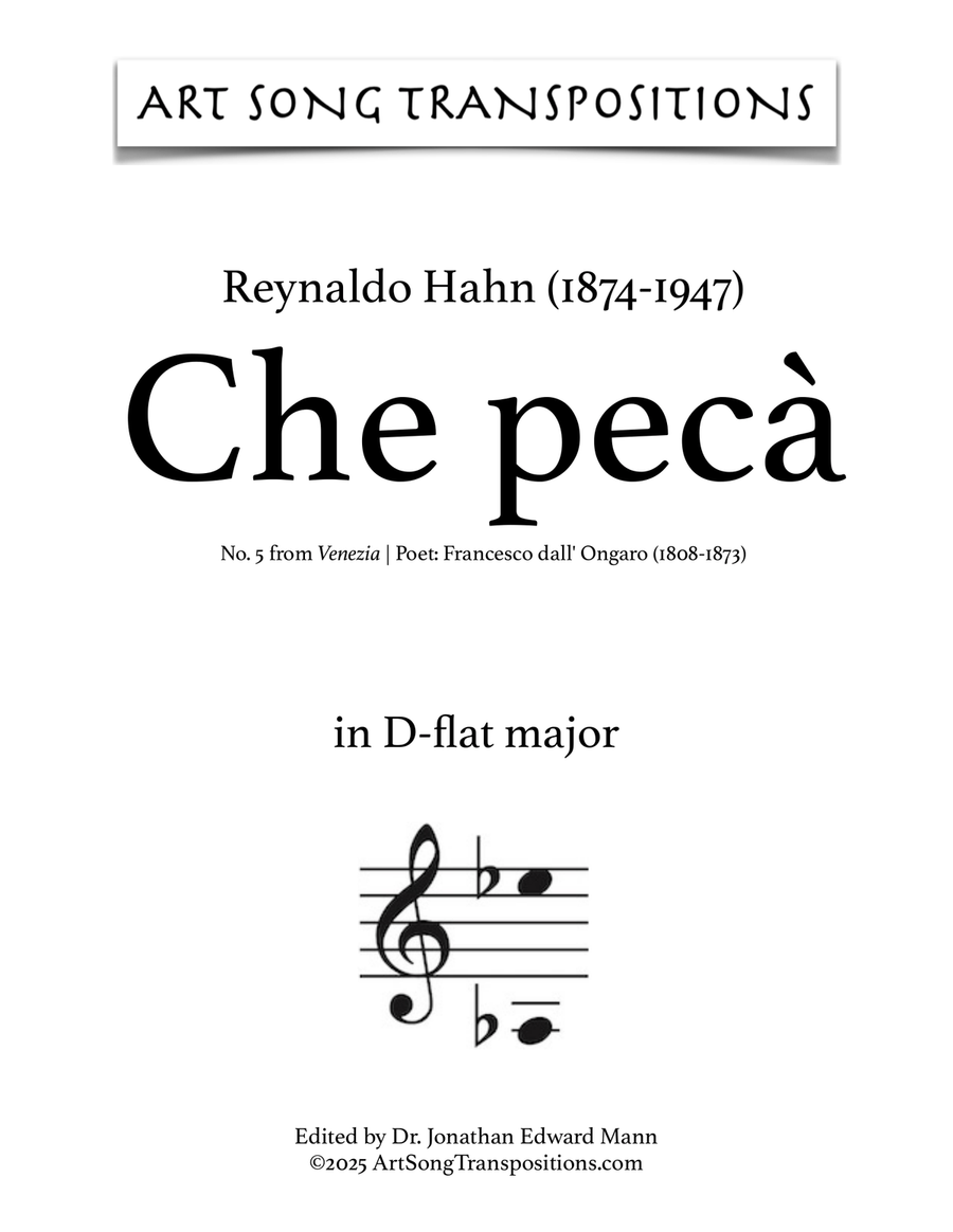 HAHN: Che pecà (transposed to D-flat major) Piano, Vocal scores gallery preview page 1