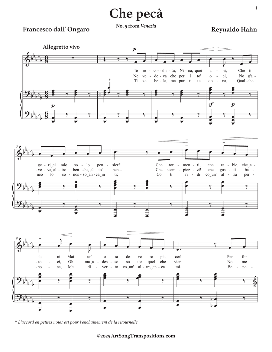 HAHN: Che pecà (transposed to D-flat major) Piano, Vocal scores gallery preview page 2