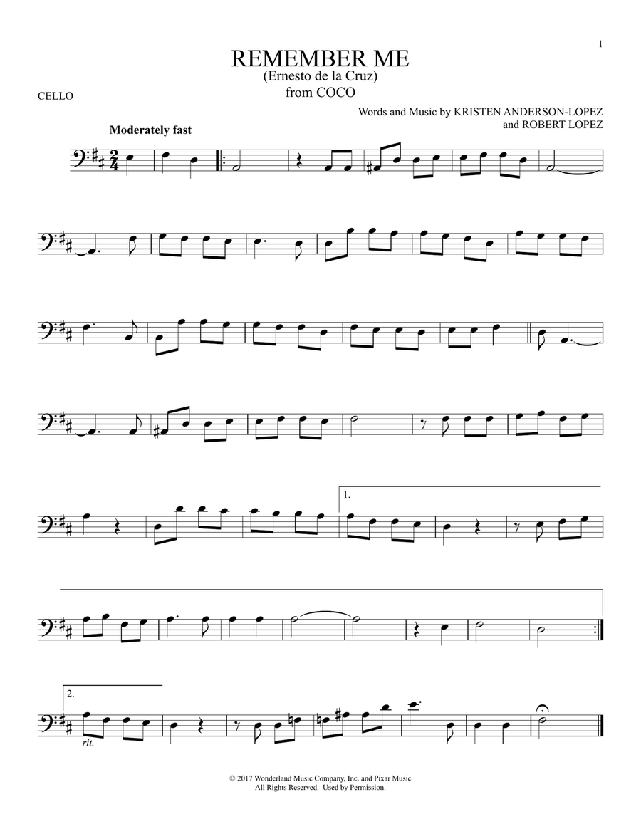 Remember Me (Ernesto de la Cruz) (from Coco) Cello Solo scores gallery preview page 1