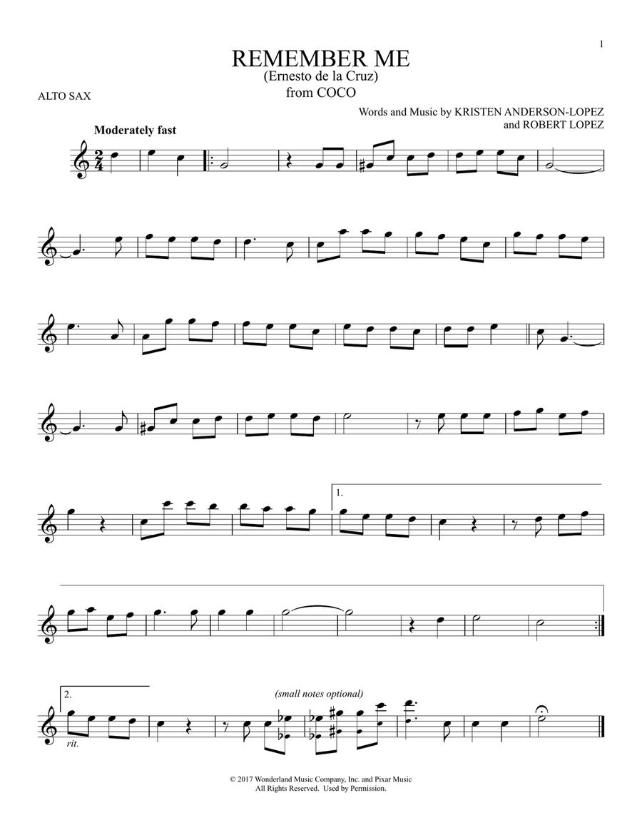 Remember Me (Ernesto de la Cruz) (from Coco) Alto Saxophone scores gallery preview page 1