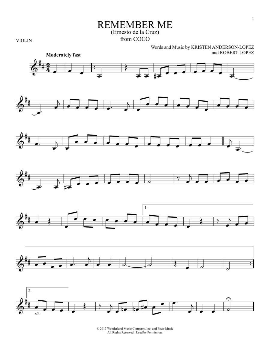 Remember Me (Ernesto de la Cruz) (from Coco) Violin Solo scores gallery preview page 1