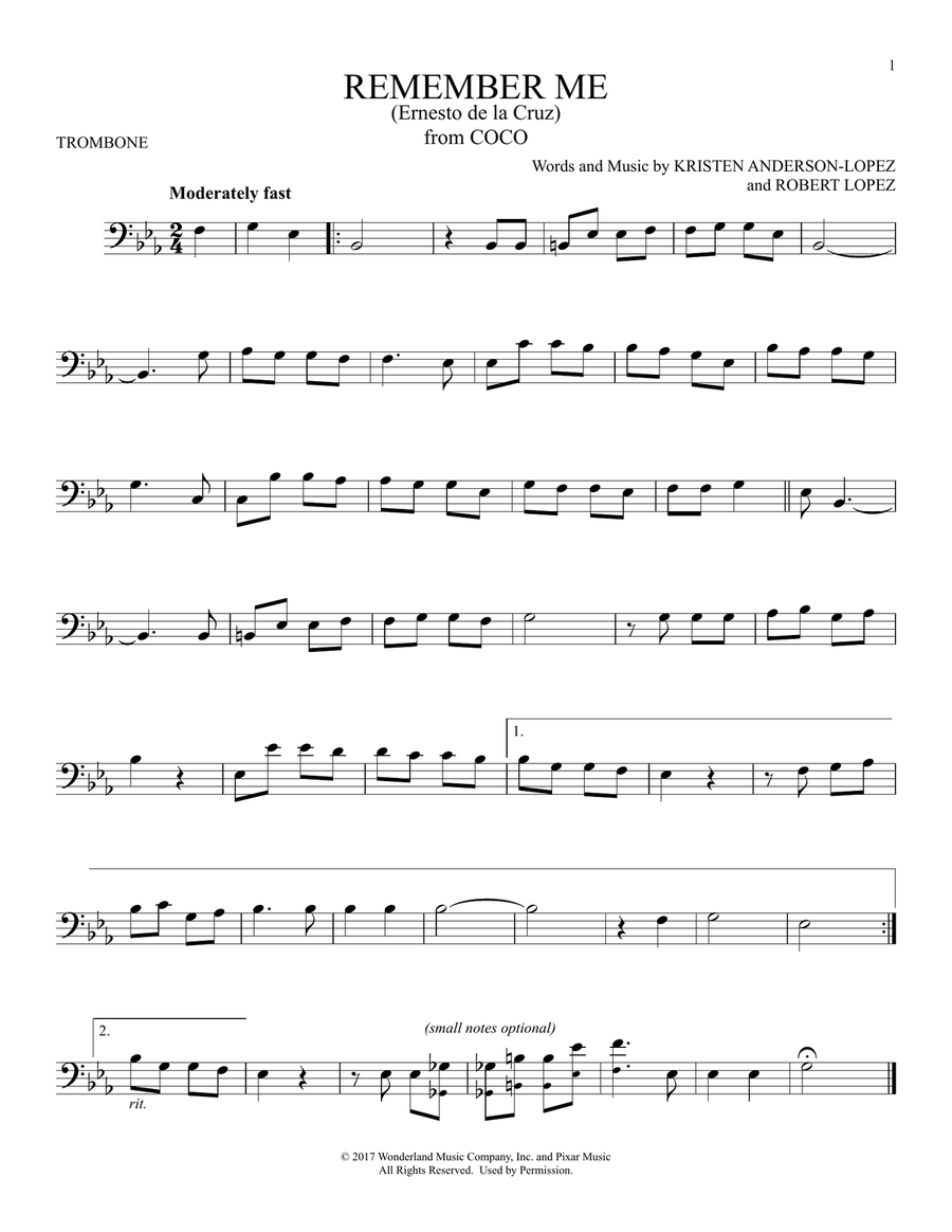 Remember Me (Ernesto de la Cruz) (from Coco) Trombone Solo scores gallery preview page 1