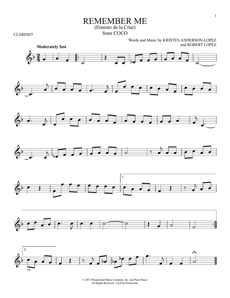 Remember Me (Ernesto de la Cruz) (from Coco) Clarinet Solo scores gallery preview page 1