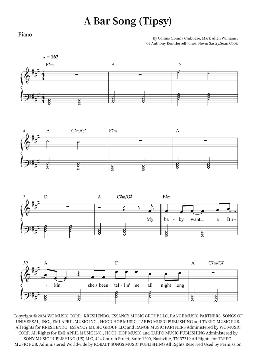 A Bar Song (Tipsy) Piano, Vocal scores gallery preview page 1