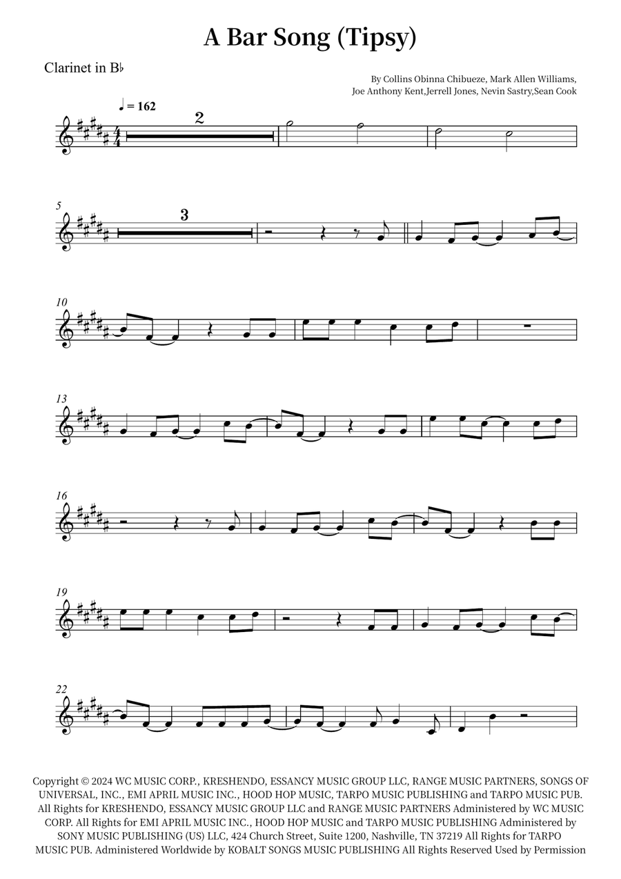 A Bar Song (Tipsy) B-Flat Clarinet scores gallery preview page 1