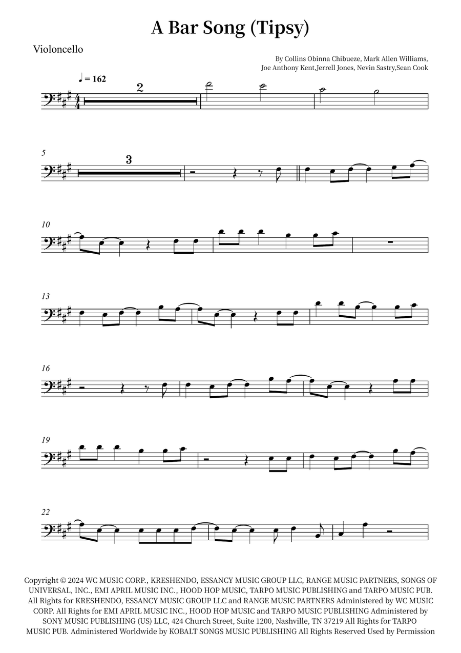 A Bar Song (Tipsy) Cello Solo scores gallery preview page 1