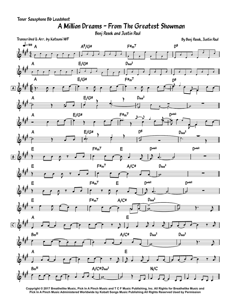 A Million Dreams A Million Dreams Tenor Saxophone scores gallery preview page 1