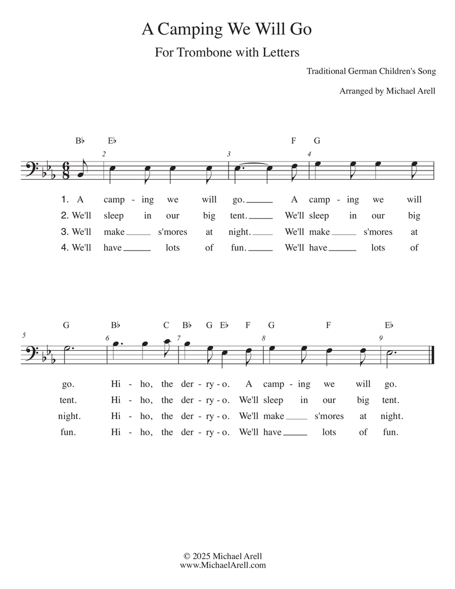 A Camping We Will Go for Trombone Bass Trombone scores gallery preview page 1