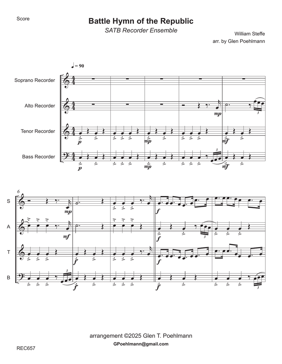 BATTLE HYMN OF THE REPUBLIC - Recorder Ensemble SATB (Grade 3+) 4-Part scores gallery preview page 1