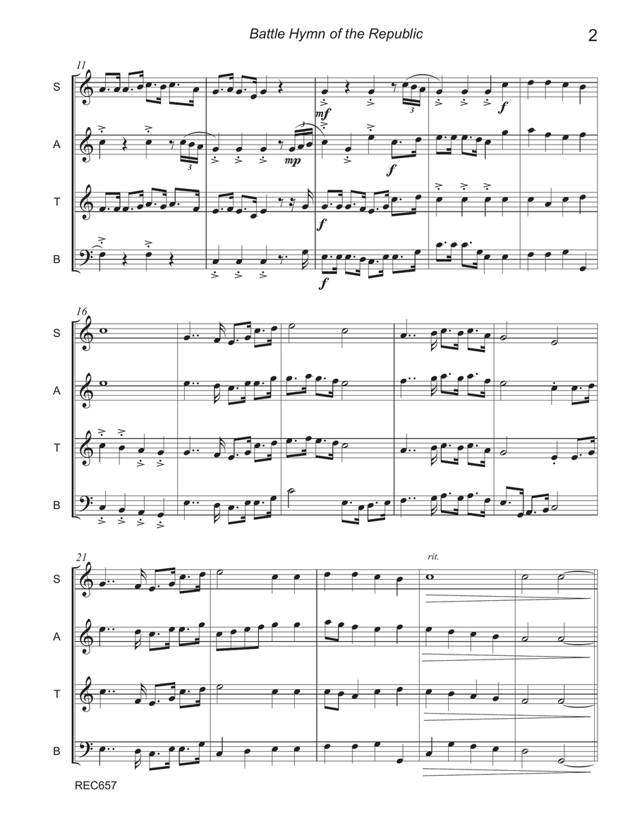 BATTLE HYMN OF THE REPUBLIC - Recorder Ensemble SATB (Grade 3+) 4-Part scores gallery preview page 2