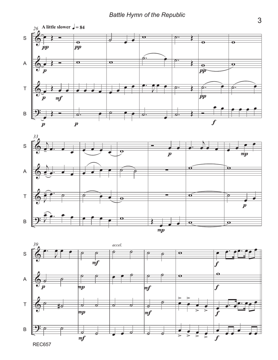 BATTLE HYMN OF THE REPUBLIC - Recorder Ensemble SATB (Grade 3+) 4-Part scores gallery preview page 3