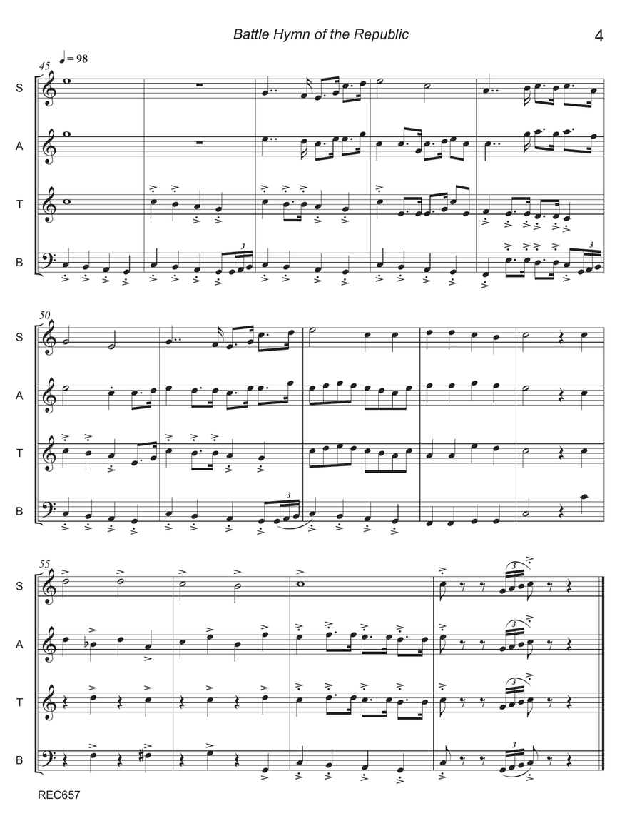 BATTLE HYMN OF THE REPUBLIC - Recorder Ensemble SATB (Grade 3+) 4-Part scores gallery preview page 4
