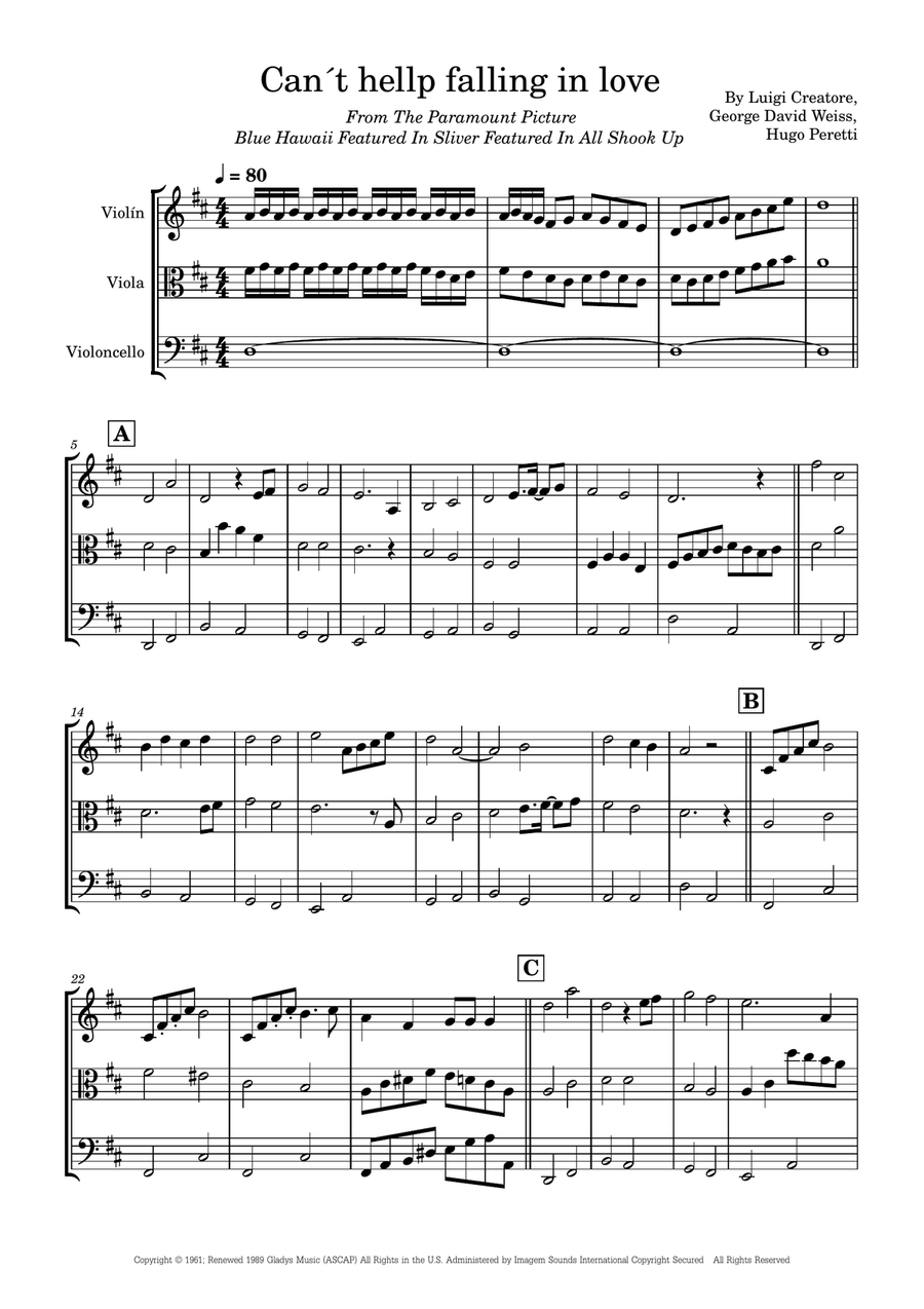 Can't Help Falling In Love String Trio scores gallery preview page 1