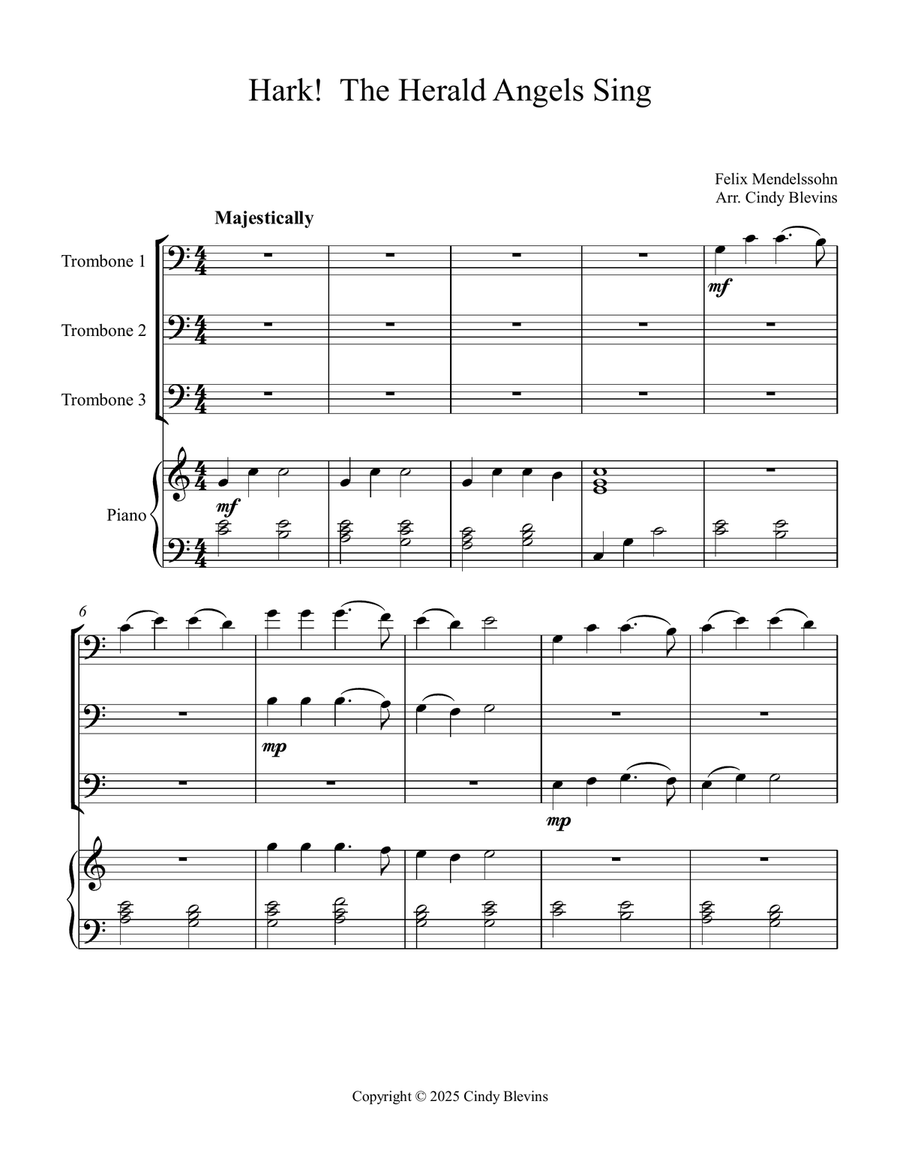 Hark! the Herald Angels Sing, for Three Trombones and Piano Trombone Trio scores gallery preview page 2