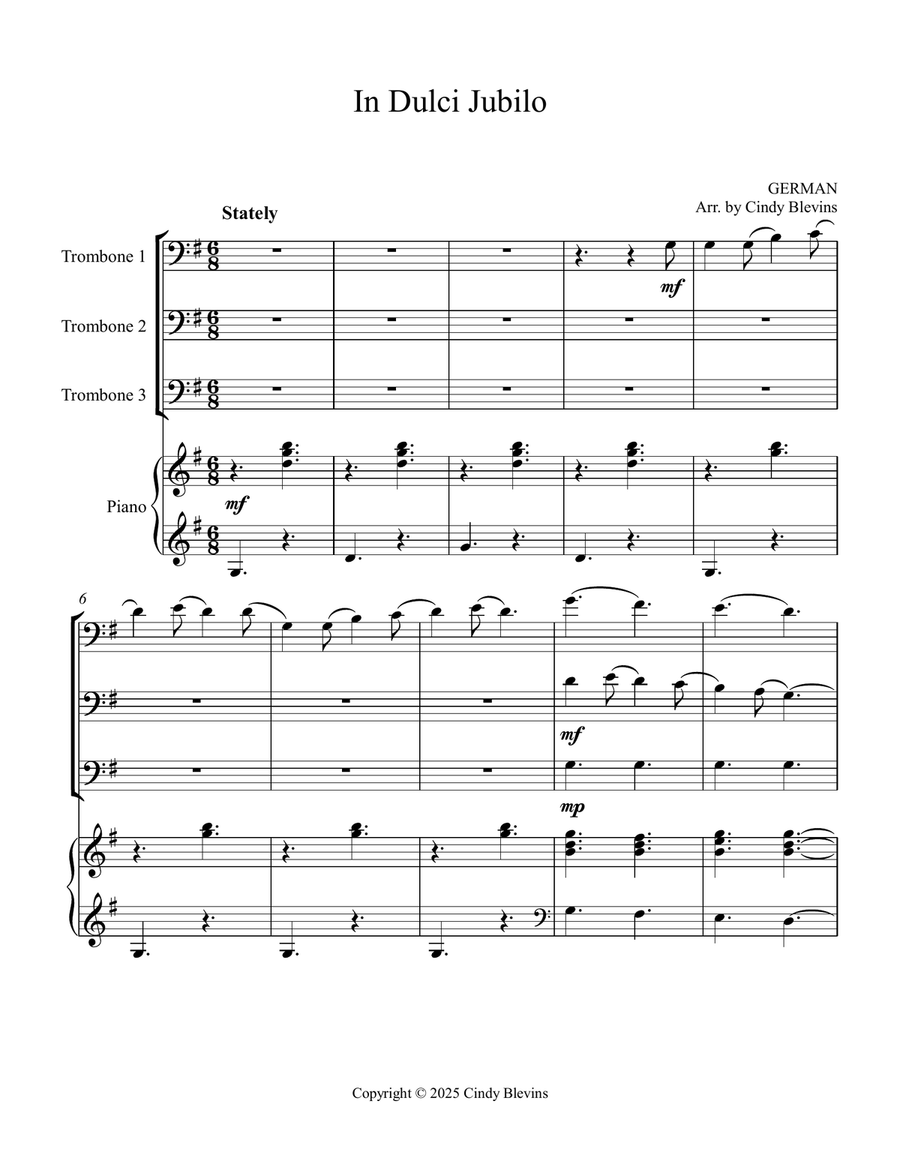 In Dulci Jubilo, for Three Trombones and Piano Trombone Trio scores gallery preview page 2