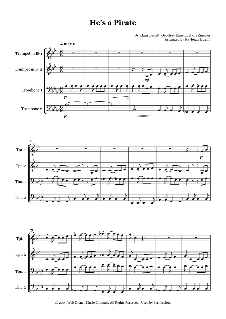 He's A Pirate He's A Pirate Brass Quartet scores gallery preview page 1