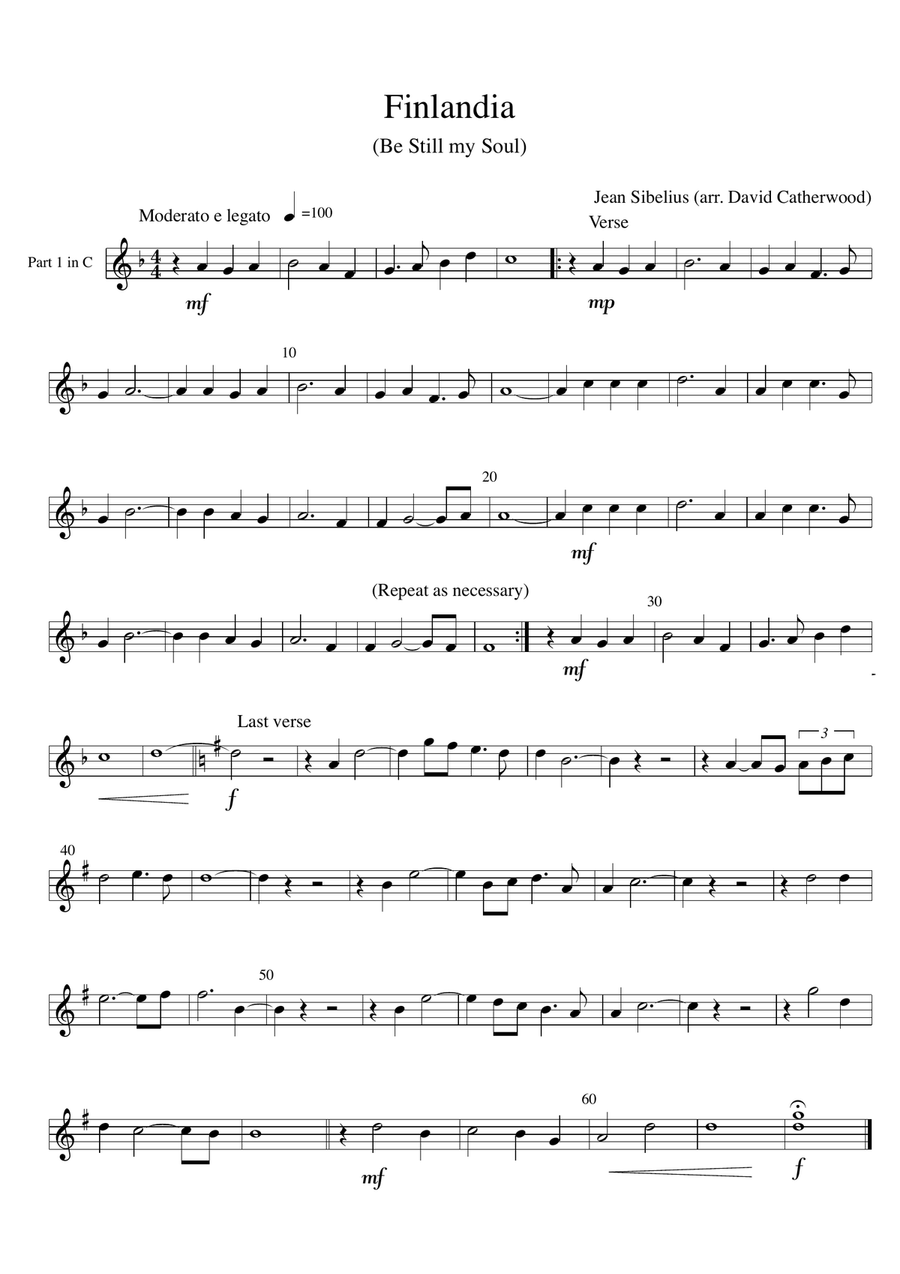 Finlandia - main theme (hymn tune for Be Still my Soul) arranged for String Quartet/Orchestra String Quartet scores gallery preview page 1