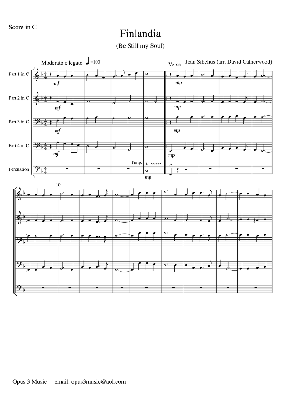 Finlandia - main theme (hymn tune for Be Still my Soul) arranged for String Quartet/Orchestra String Quartet scores gallery preview page 2