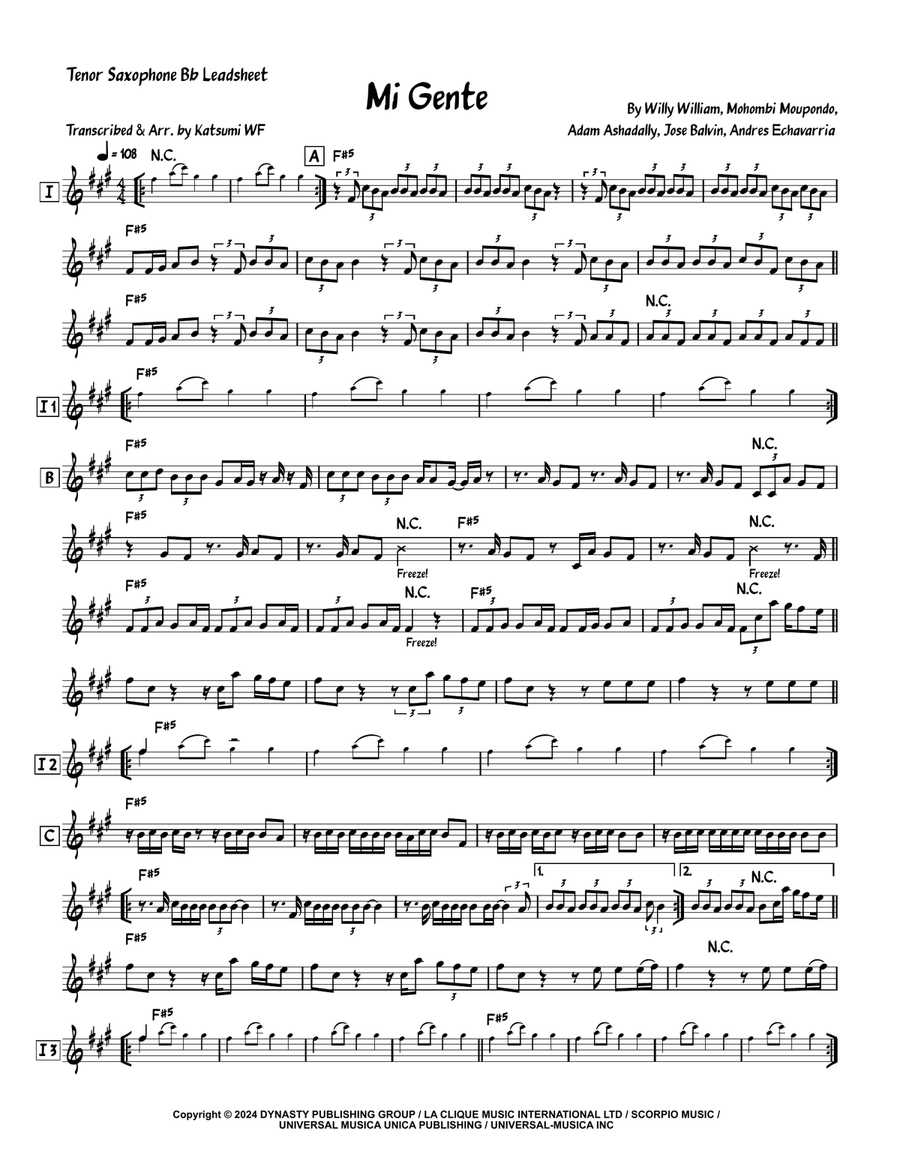 Mi Gente Tenor Saxophone scores gallery preview page 1