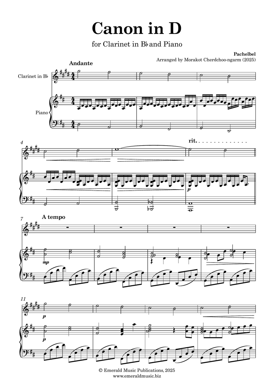 Canon in D for Clarinet and Piano (Easy-Intermediate) B-Flat Clarinet scores gallery preview page 1