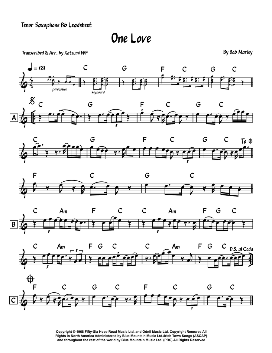 One Love One Love Tenor Saxophone scores gallery preview page 1