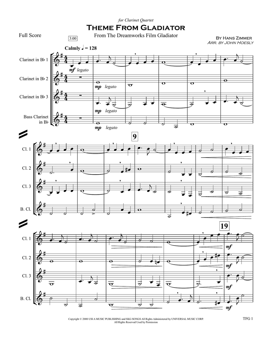 Gladiator Main Theme Clarinet Quartet scores gallery preview page 2