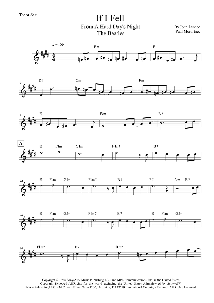 If I Fell If I Fell Tenor Saxophone scores gallery preview page 1